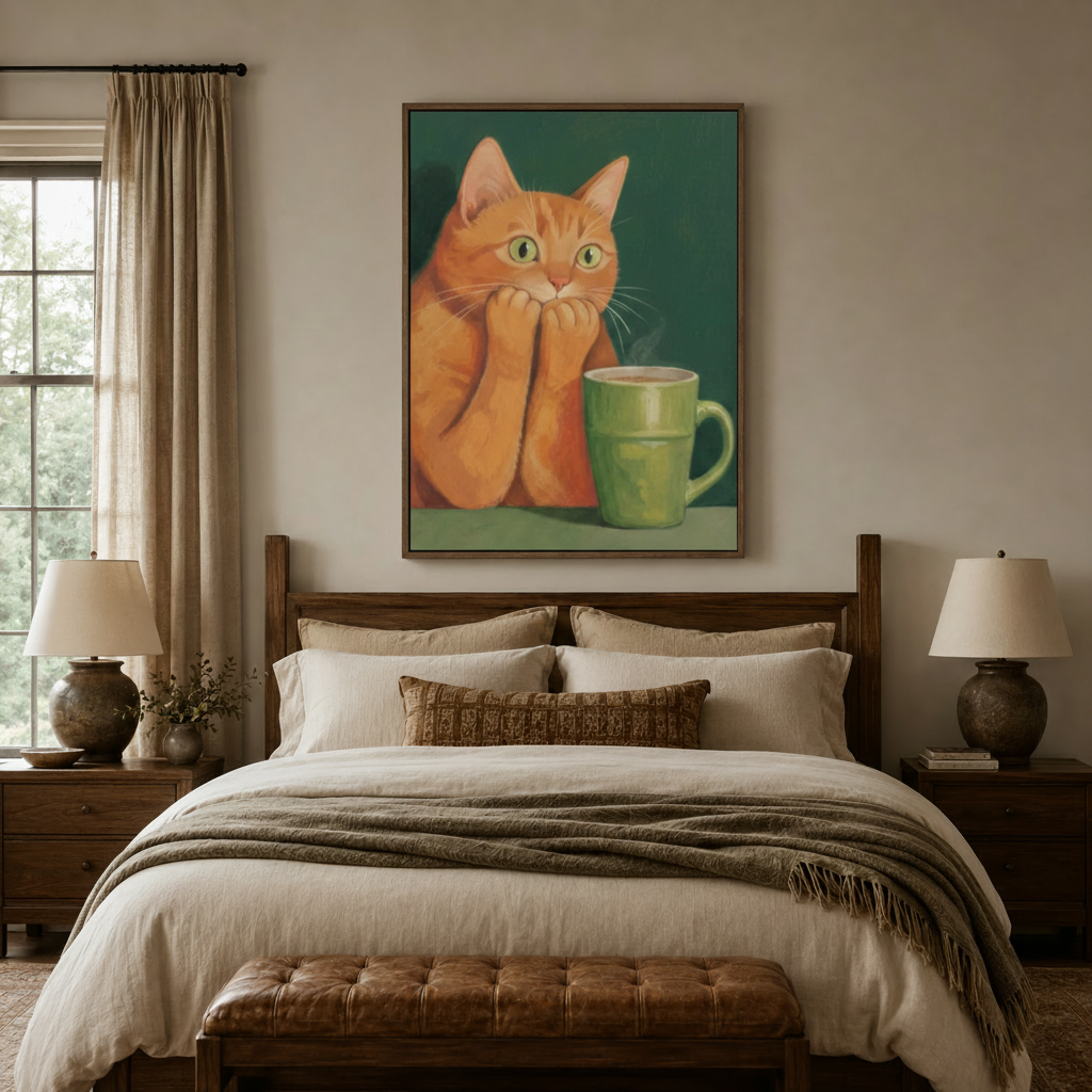 Funny orange cat wall art framed above bed in a cozy warm-toned bedroom
