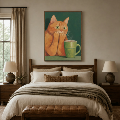 Funny orange cat wall art framed above bed in a cozy warm-toned bedroom