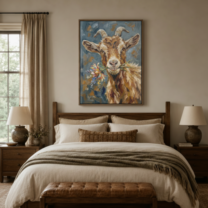 Framed goat impasto canvas print above a bed in a cozy neutral bedroom with linen bedding