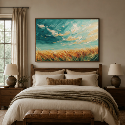Framed teal sky wheat field canvas art above bed in cozy neutral bedroom with walnut furniture
