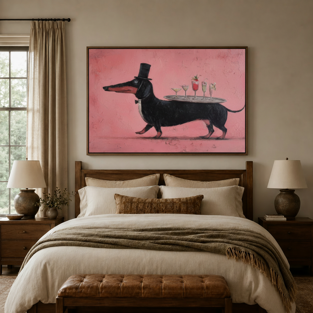 Funny dog canvas print in a thin walnut float frame centered above a bedroom headboard