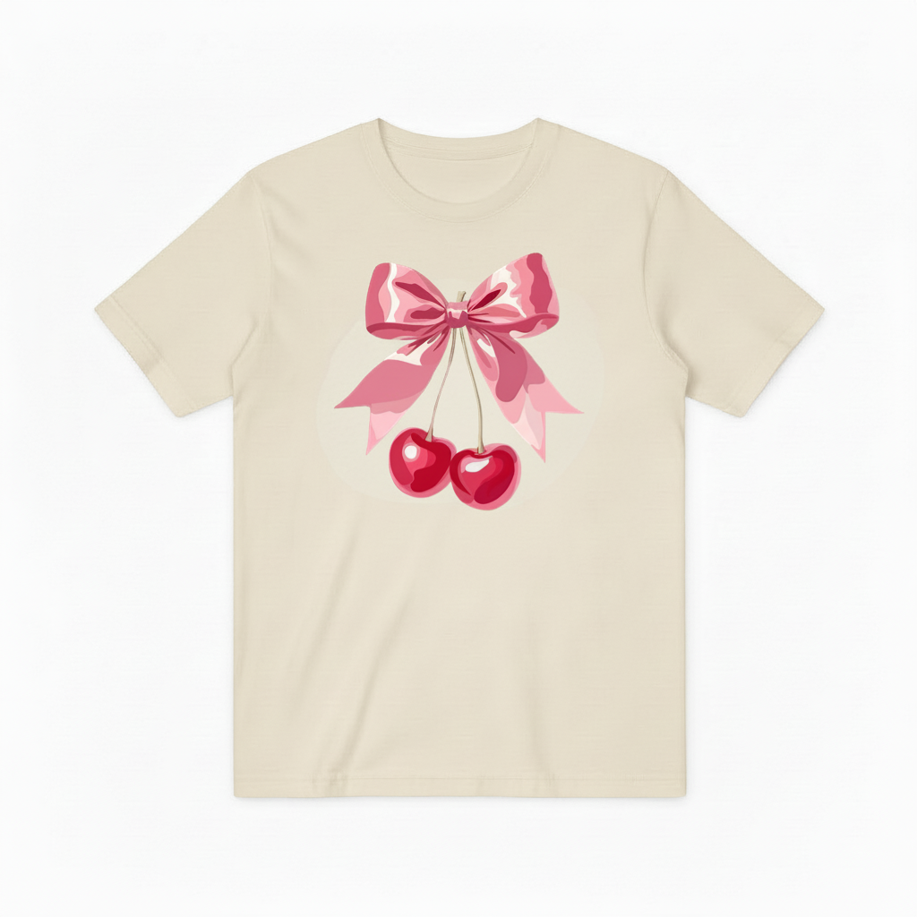Pink Cherry Ribbon Graphic Tee - Cute Fruit Lover T-Shirt T4051