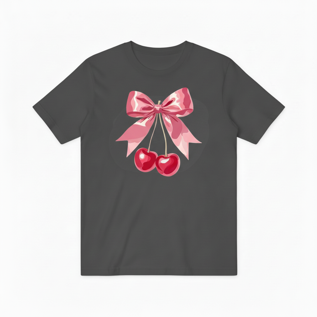 Pink Cherry Ribbon Graphic Tee - Cute Fruit Lover T-Shirt T4051