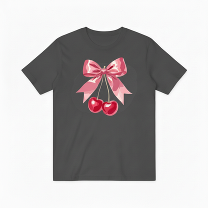 Pink Cherry Ribbon Graphic Tee - Cute Fruit Lover T-Shirt T4051
