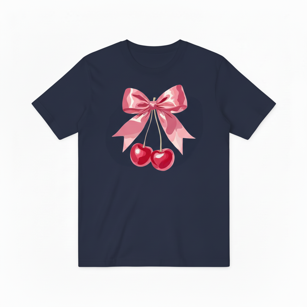 Pink Cherry Ribbon Graphic Tee - Cute Fruit Lover T-Shirt T4051