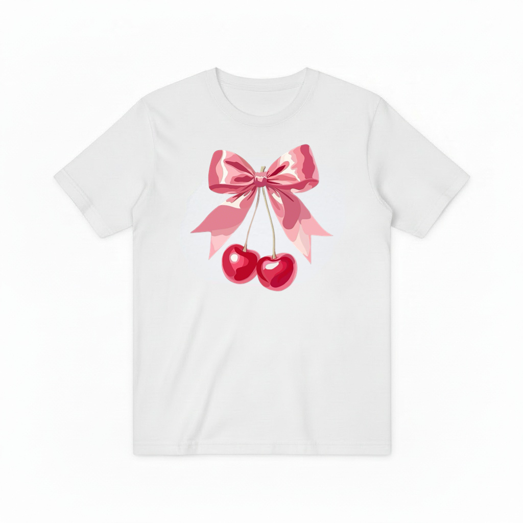 Pink Cherry Ribbon Graphic Tee - Cute Fruit Lover T-Shirt T4051