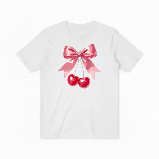 Pink Cherry Ribbon Graphic Tee - Cute Fruit Lover T-Shirt T4051