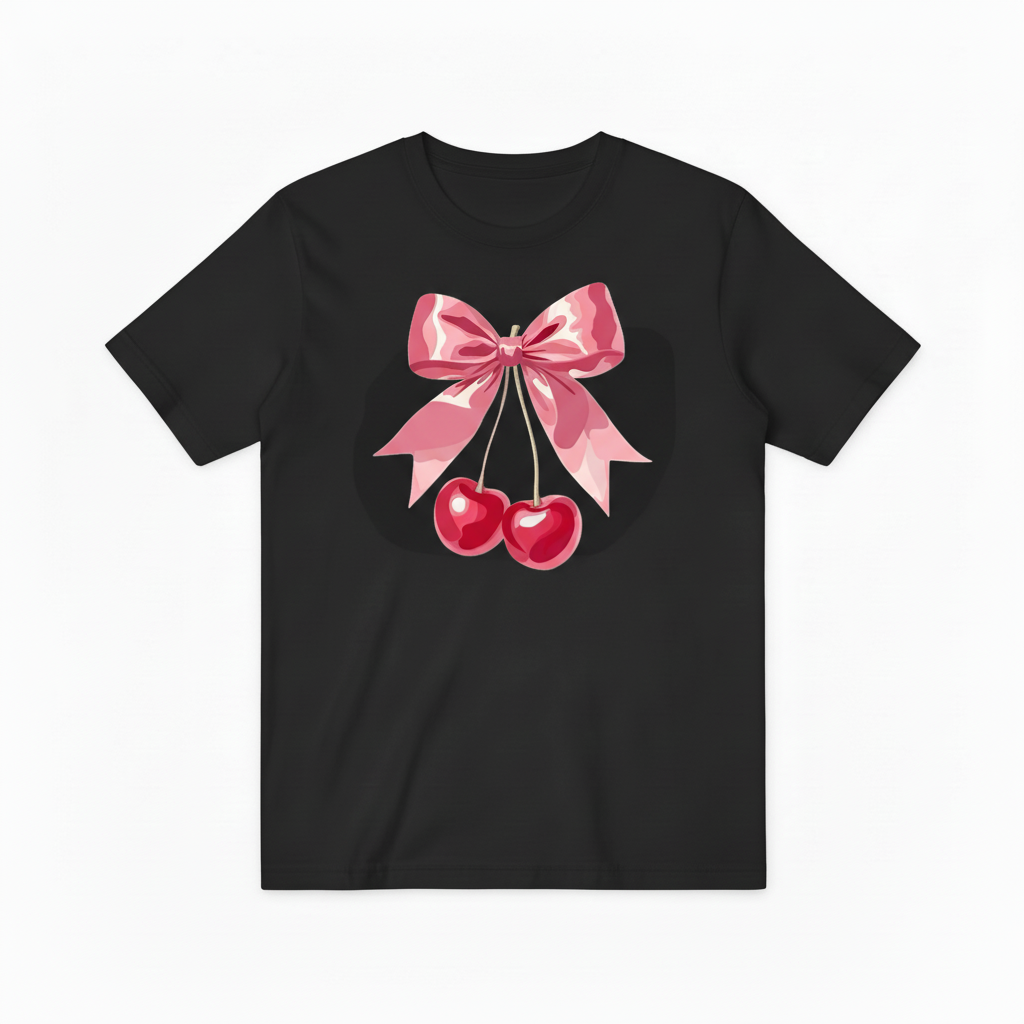Pink Cherry Ribbon Graphic Tee - Cute Fruit Lover T-Shirt T4051