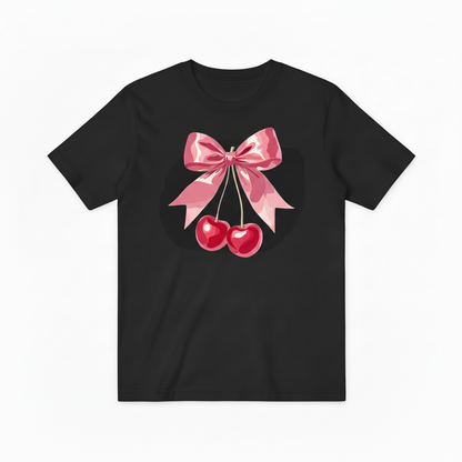 Pink Cherry Ribbon Graphic Tee - Cute Fruit Lover T-Shirt T4051