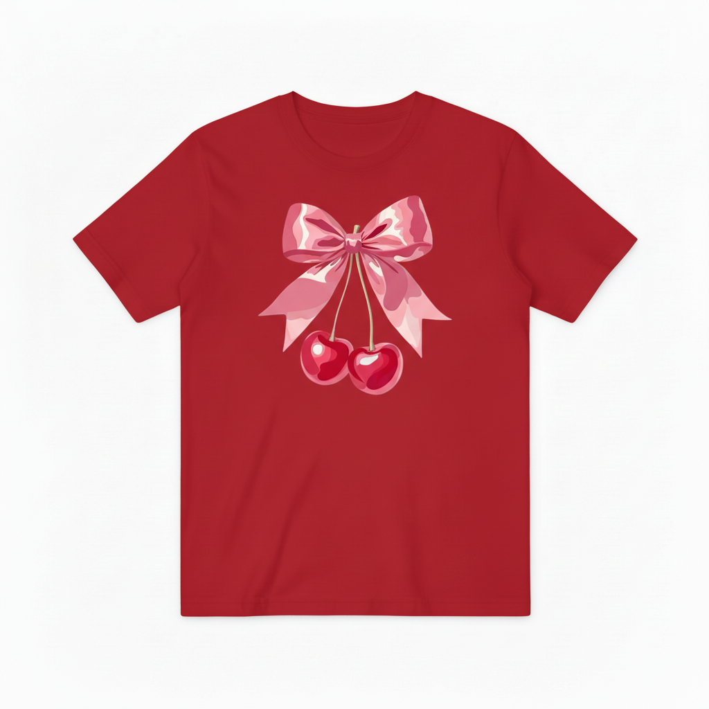 Pink Cherry Ribbon Graphic Tee - Cute Fruit Lover T-Shirt T4051