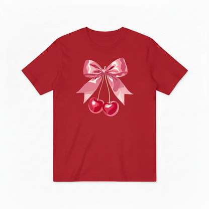 Pink Cherry Ribbon Graphic Tee - Cute Fruit Lover T-Shirt T4051