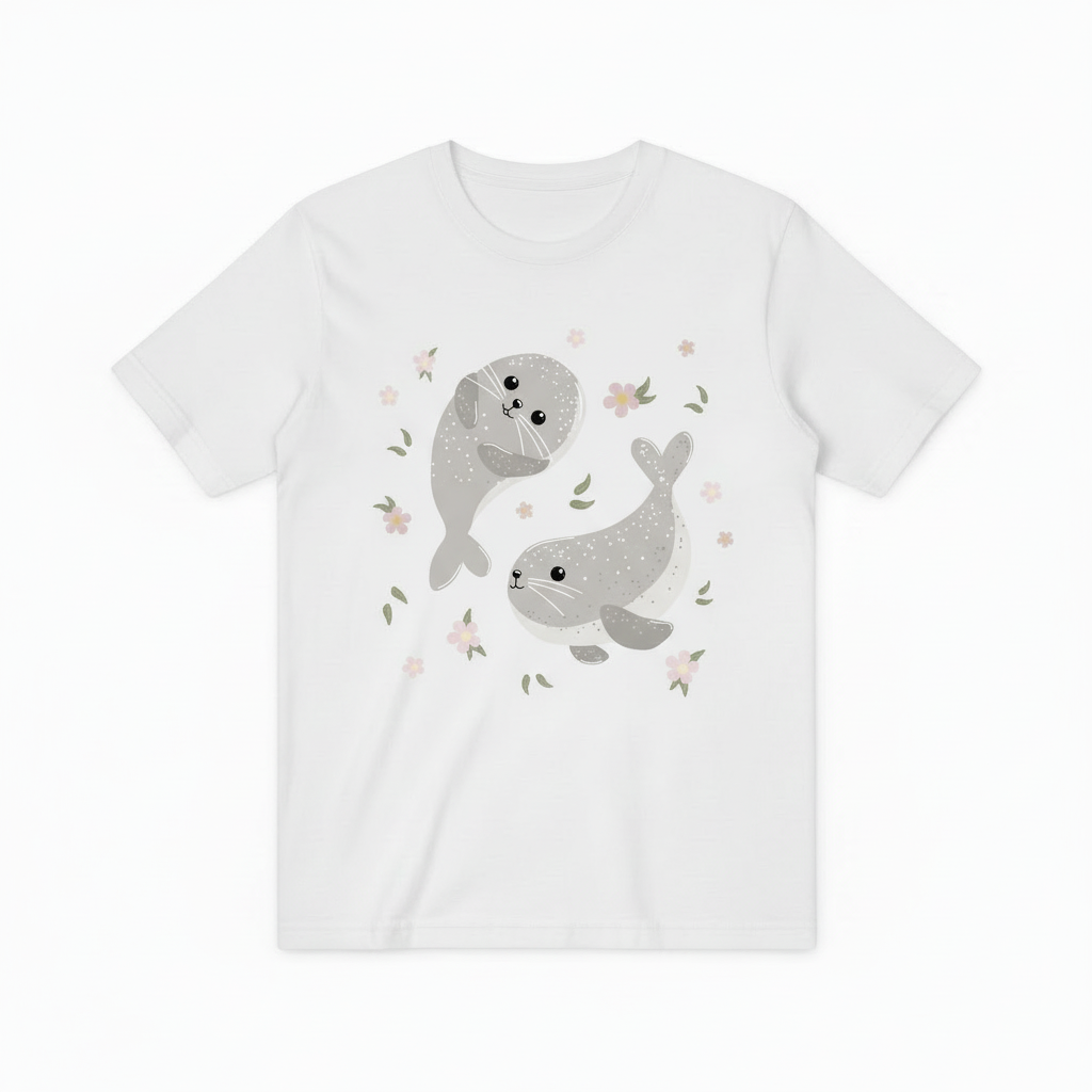 Charming Seals and Flowers Ocean Graphic T-Shirt T6013