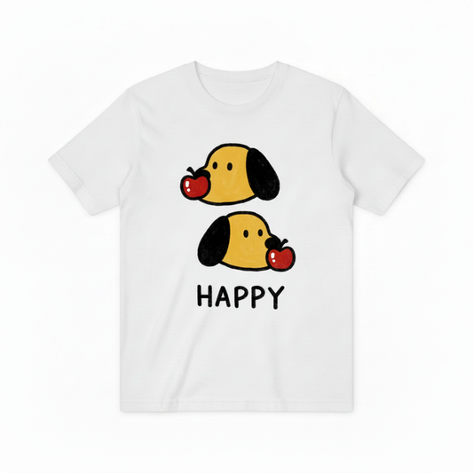 Happy Cute Dog Apple Graphic Tee - Kawaii Pet T-Shirt T4055