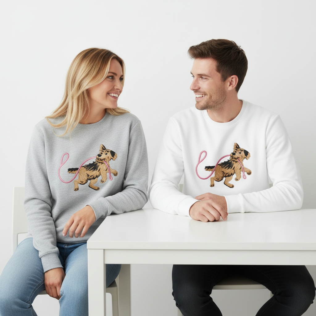 Playful Puppy with Pink Leash Dog Lover Crewneck C1008