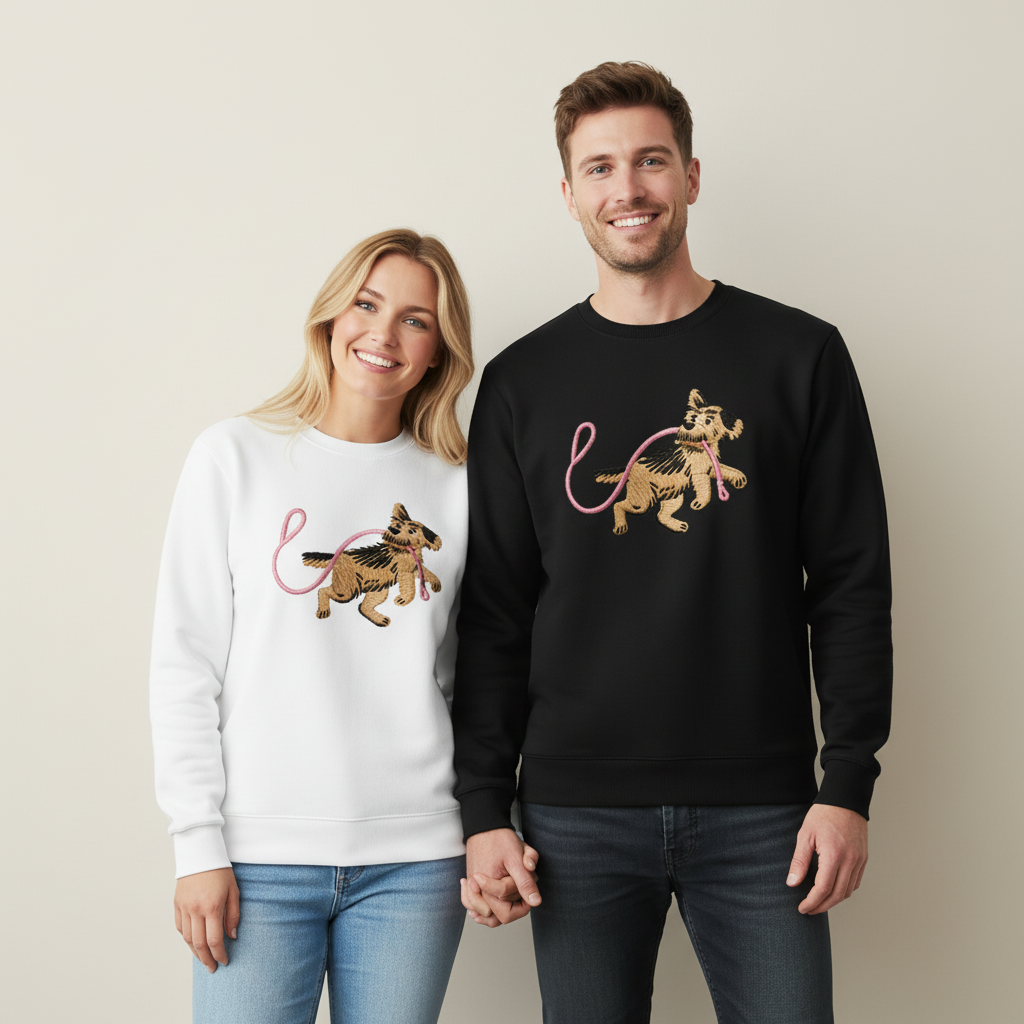 Playful Puppy with Pink Leash Dog Lover Crewneck C1008