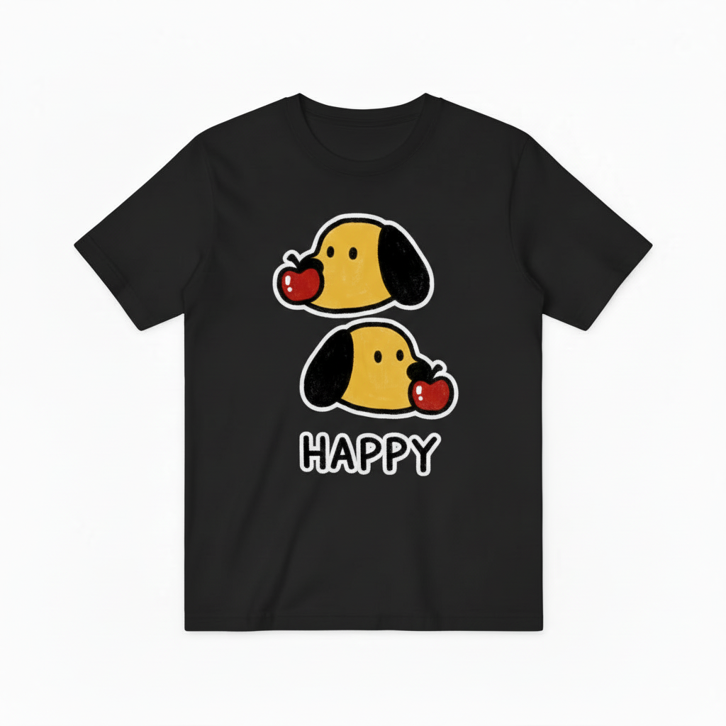Happy Cute Dog Apple Graphic Tee - Kawaii Pet T-Shirt T4055