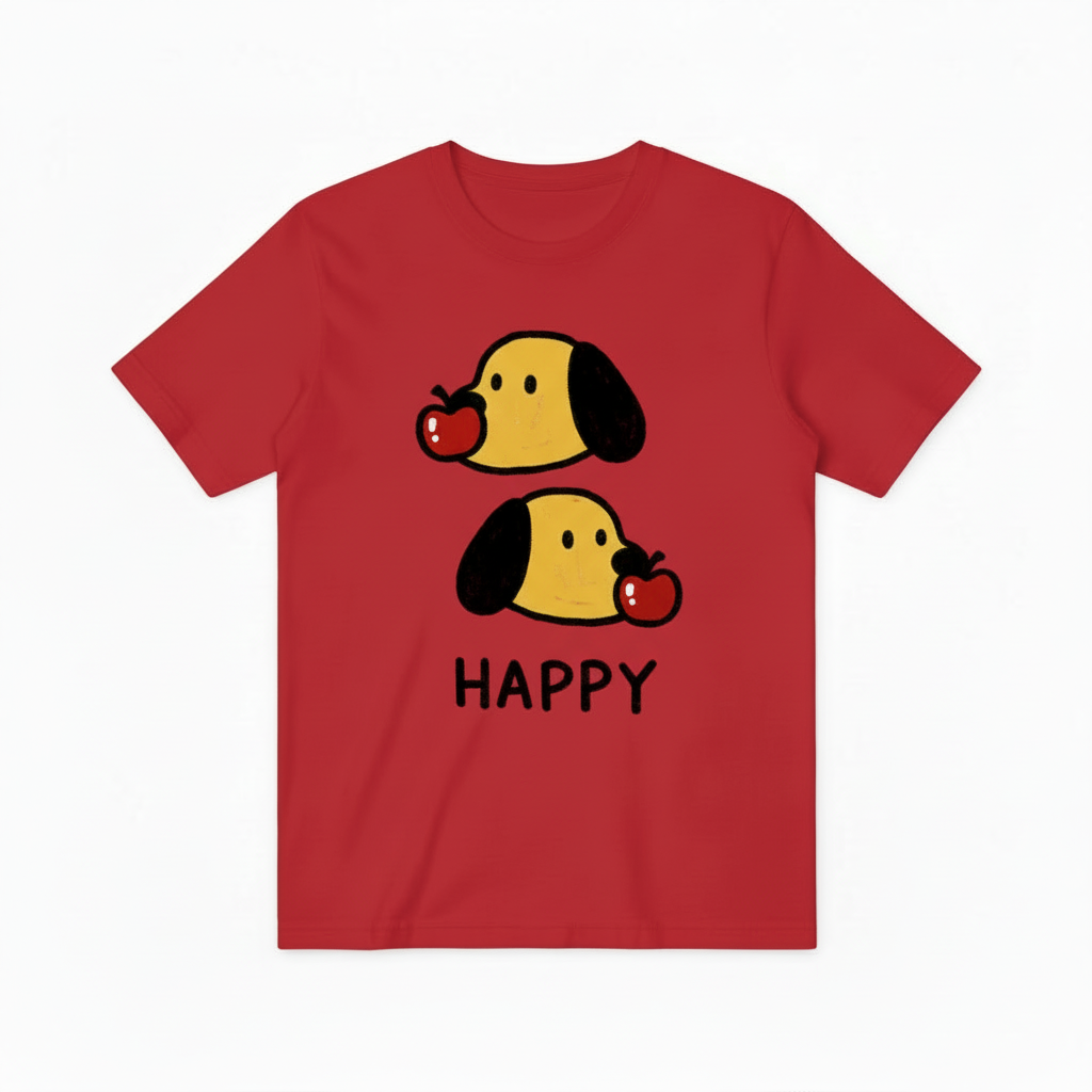 Happy Cute Dog Apple Graphic Tee - Kawaii Pet T-Shirt T4055