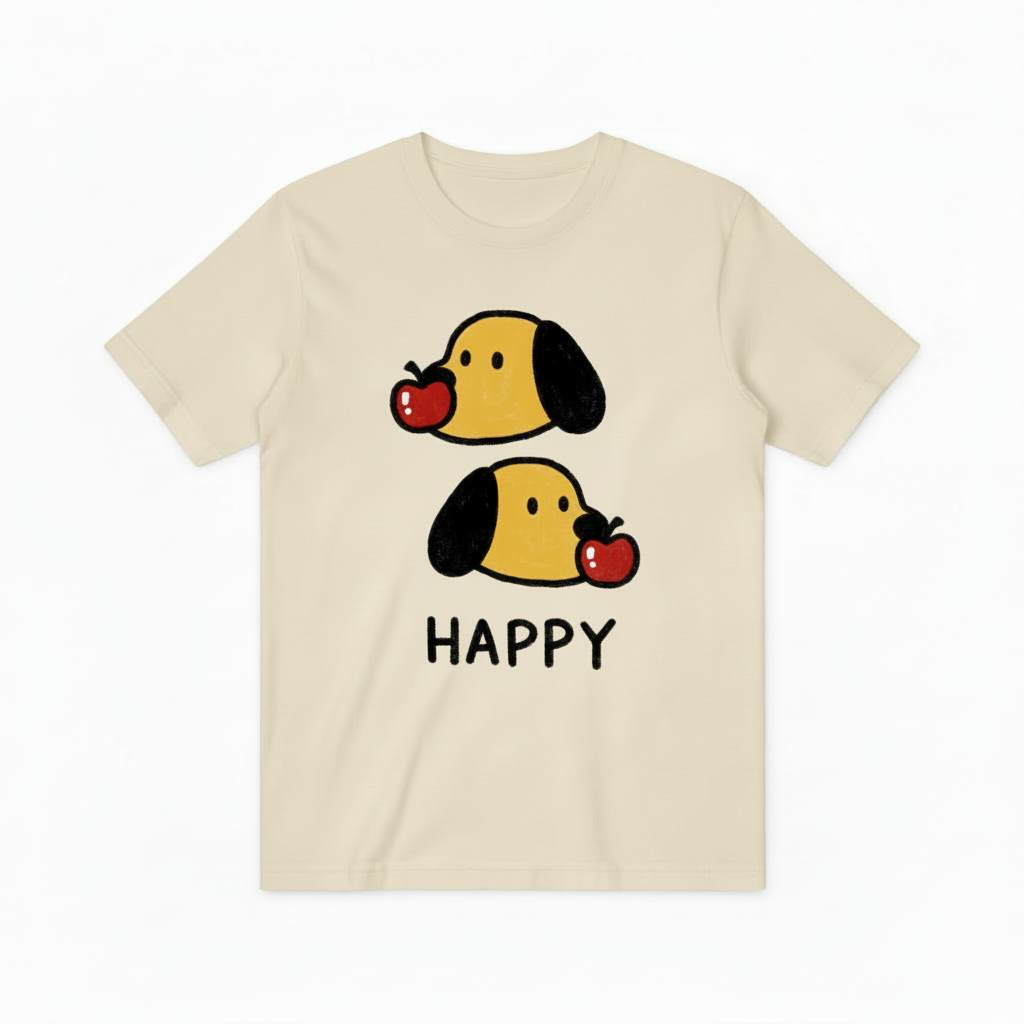 Happy Cute Dog Apple Graphic Tee - Kawaii Pet T-Shirt T4055