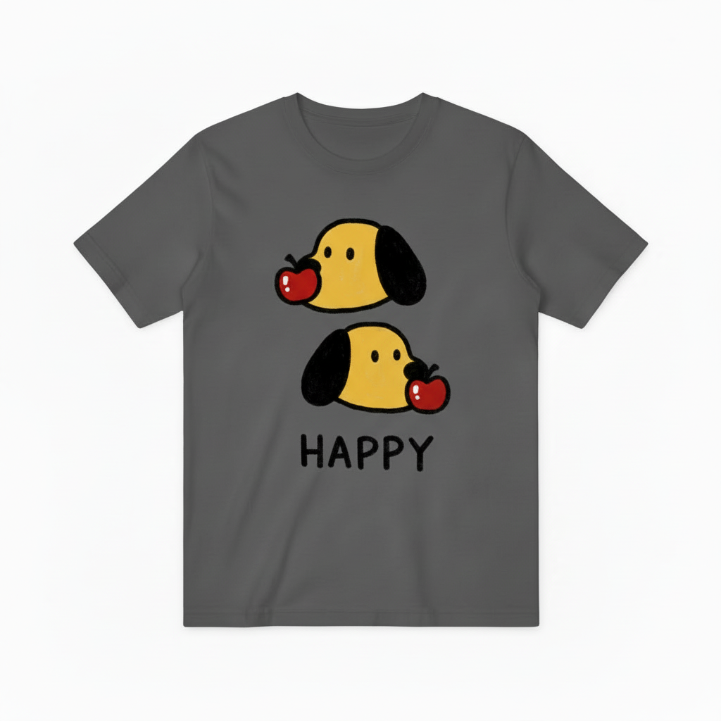 Happy Cute Dog Apple Graphic Tee - Kawaii Pet T-Shirt T4055