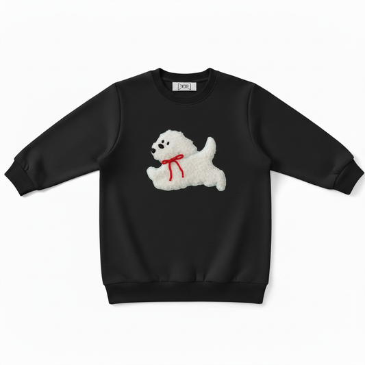 Fluffy Running Dog Red Ribbon Pet Crewneck C1038