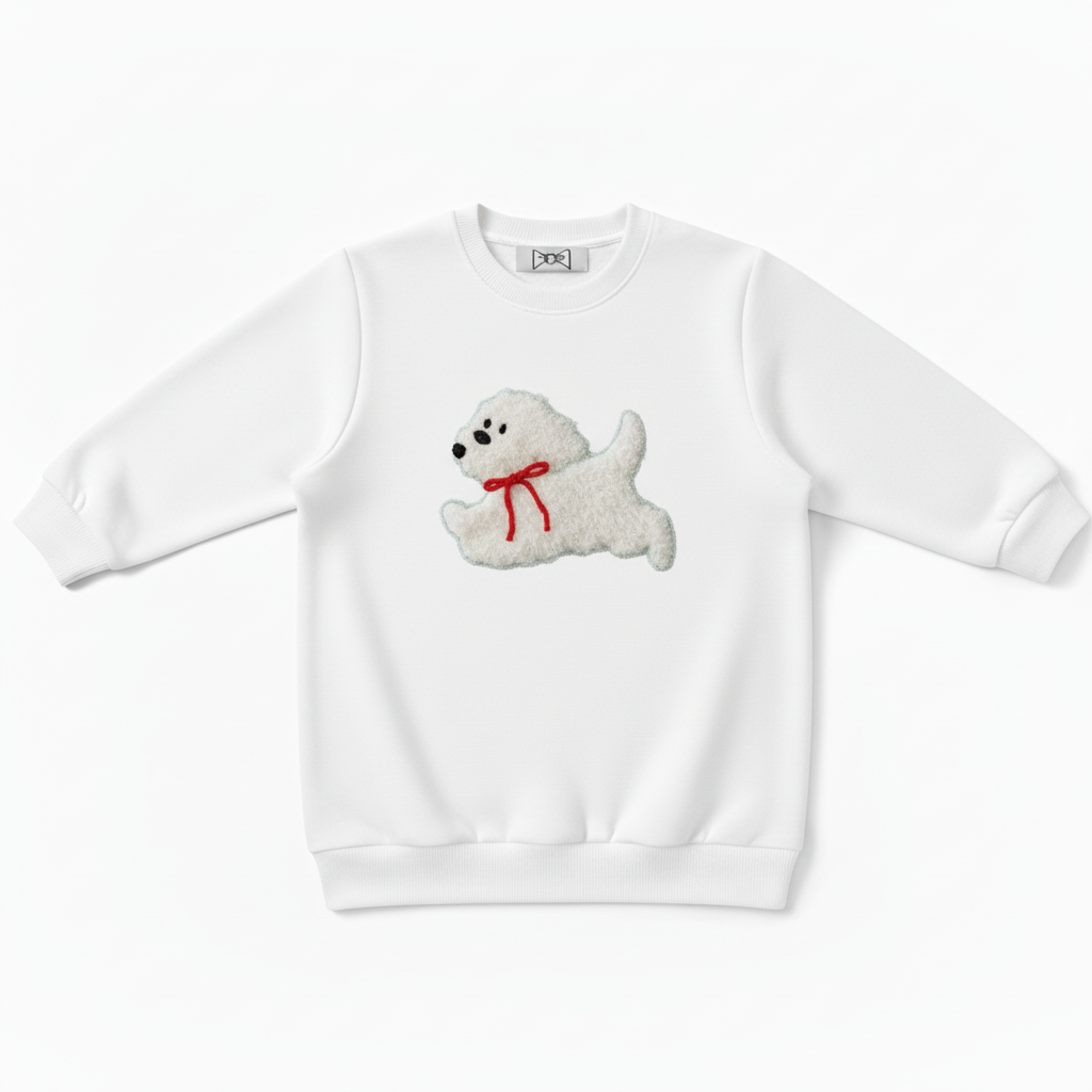 Fluffy Running Dog Red Ribbon Pet Crewneck C1038