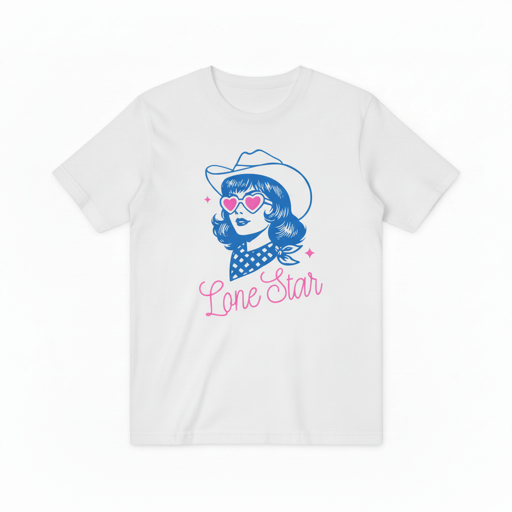 Retro Lone Star Cowgirl Graphic T-Shirt, Texas Cowgirl with Heart Sunglasses Tee T4013