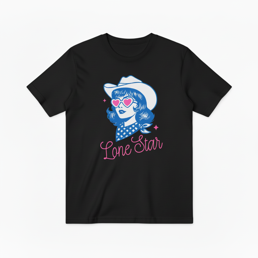 Retro Lone Star Cowgirl Graphic T-Shirt, Texas Cowgirl with Heart Sunglasses Tee T4013