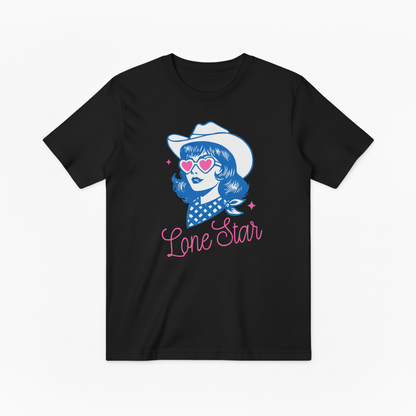 Retro Lone Star Cowgirl Graphic T-Shirt, Texas Cowgirl with Heart Sunglasses Tee T4013