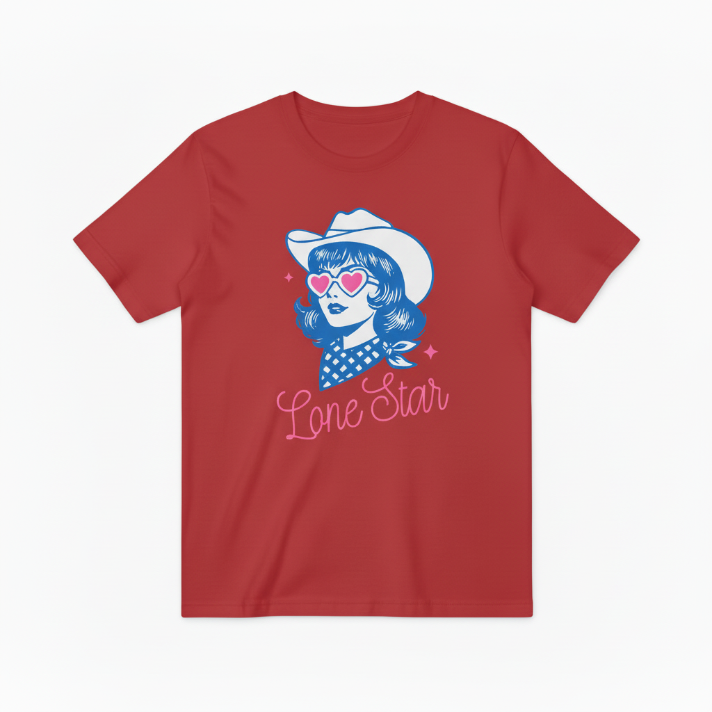 Retro Lone Star Cowgirl Graphic T-Shirt, Texas Cowgirl with Heart Sunglasses Tee T4013