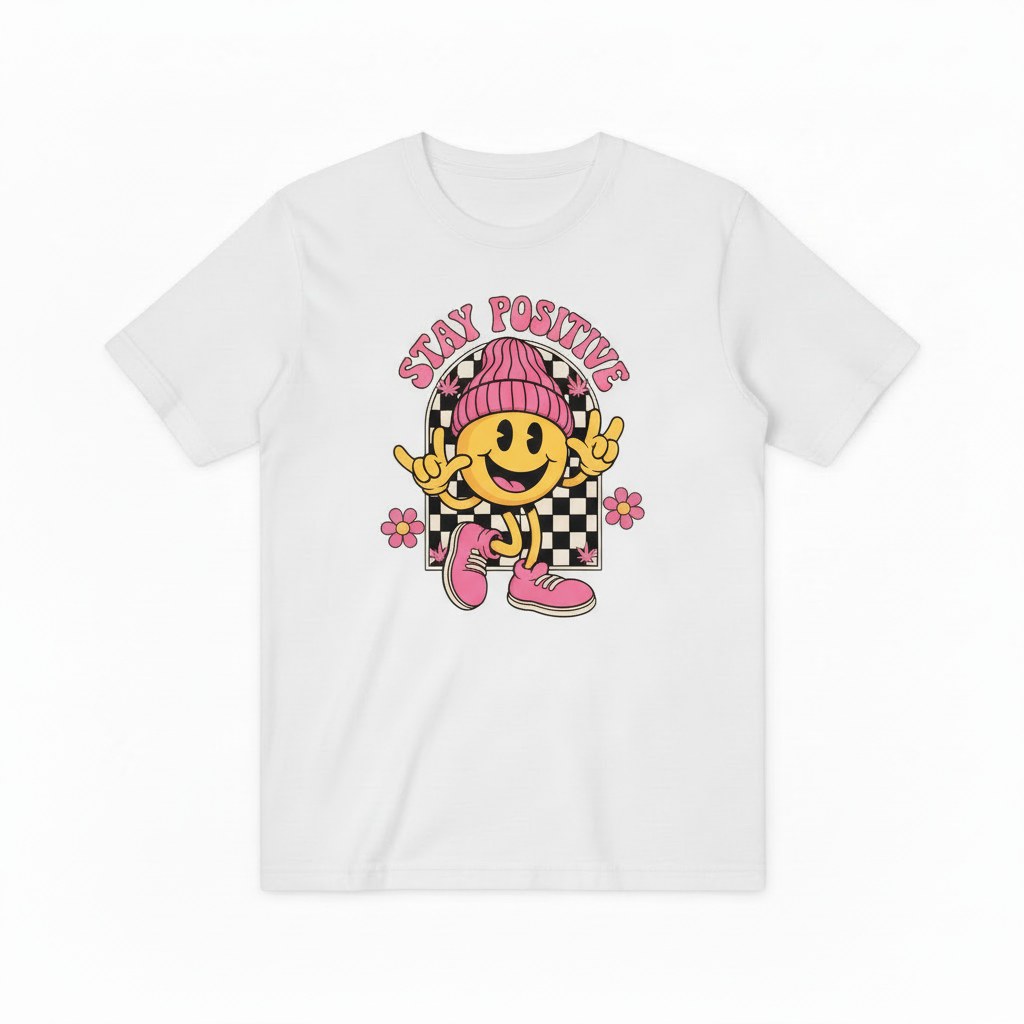 Groovy Stay Positive Smiley Tee – Retro 70s Vibes for Good Vibes Only T4018