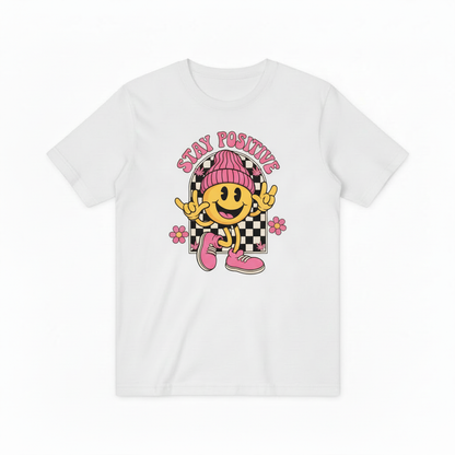 Groovy Stay Positive Smiley Tee – Retro 70s Vibes for Good Vibes Only T4018