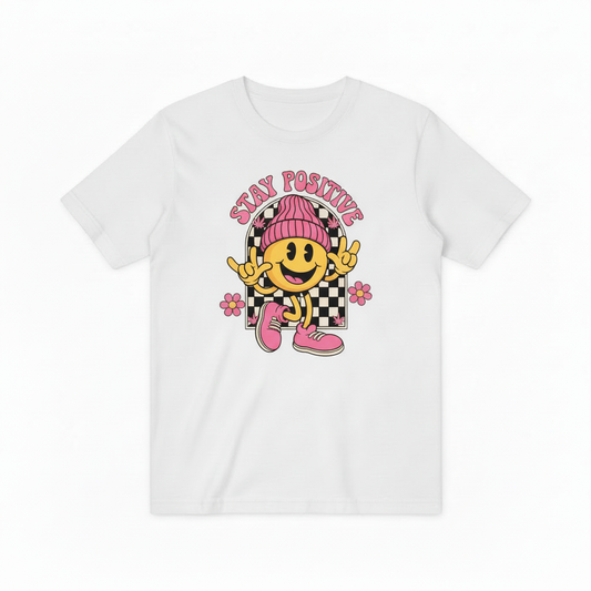 Groovy Stay Positive Smiley Tee – Retro 70s Vibes for Good Vibes Only T4018