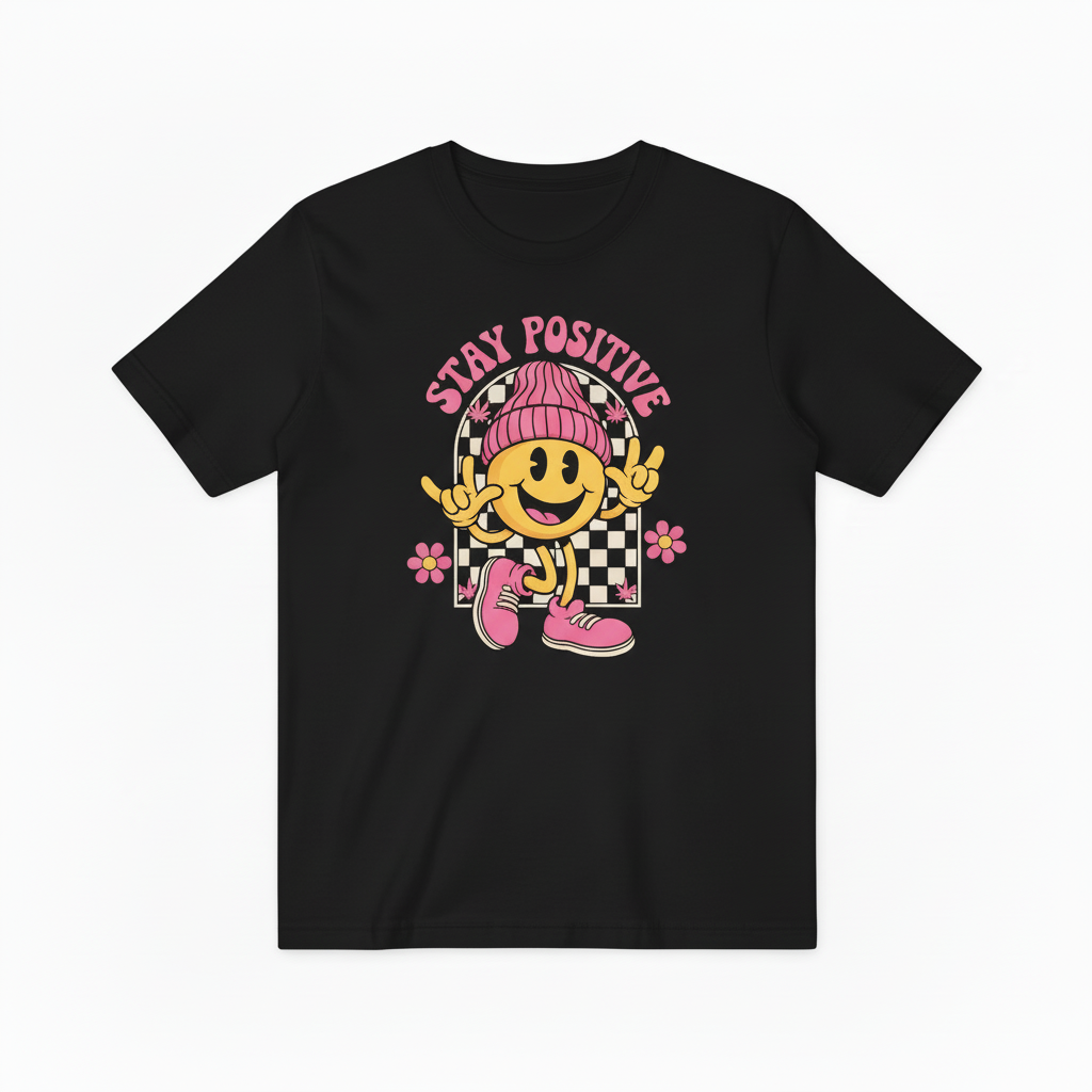 Groovy Stay Positive Smiley Tee – Retro 70s Vibes for Good Vibes Only T4018