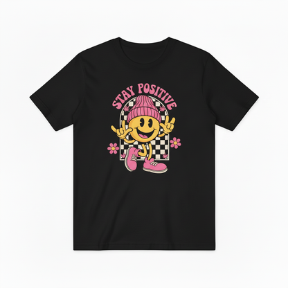 Groovy Stay Positive Smiley Tee – Retro 70s Vibes for Good Vibes Only T4018