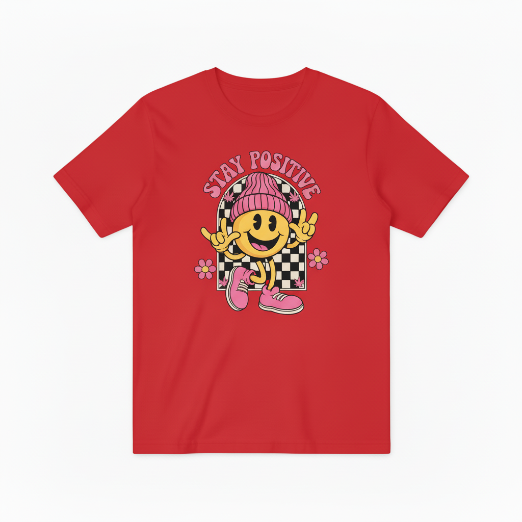 Groovy Stay Positive Smiley Tee – Retro 70s Vibes for Good Vibes Only T4018
