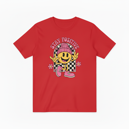 Groovy Stay Positive Smiley Tee – Retro 70s Vibes for Good Vibes Only T4018