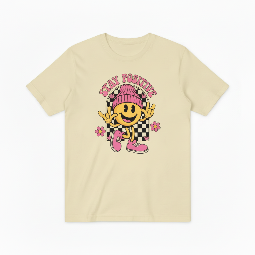 Groovy Stay Positive Smiley Tee – Retro 70s Vibes for Good Vibes Only T4018