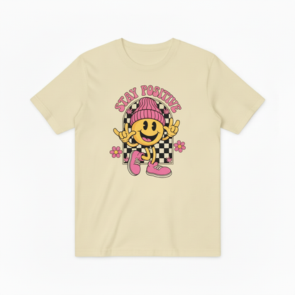 Groovy Stay Positive Smiley Tee – Retro 70s Vibes for Good Vibes Only T4018