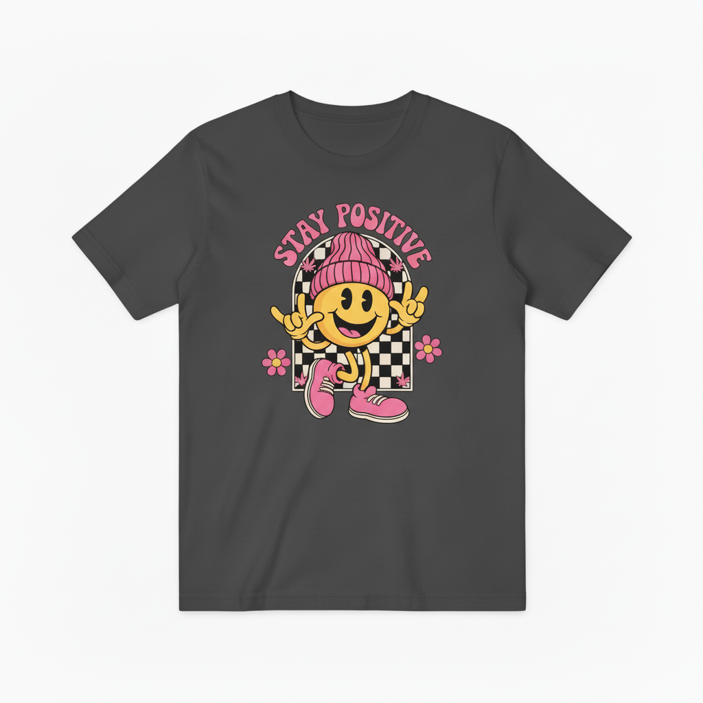 Groovy Stay Positive Smiley Tee – Retro 70s Vibes for Good Vibes Only T4018