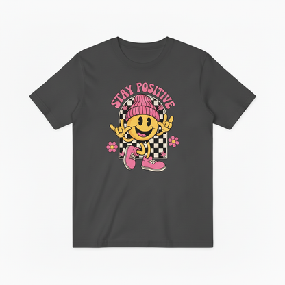 Groovy Stay Positive Smiley Tee – Retro 70s Vibes for Good Vibes Only T4018