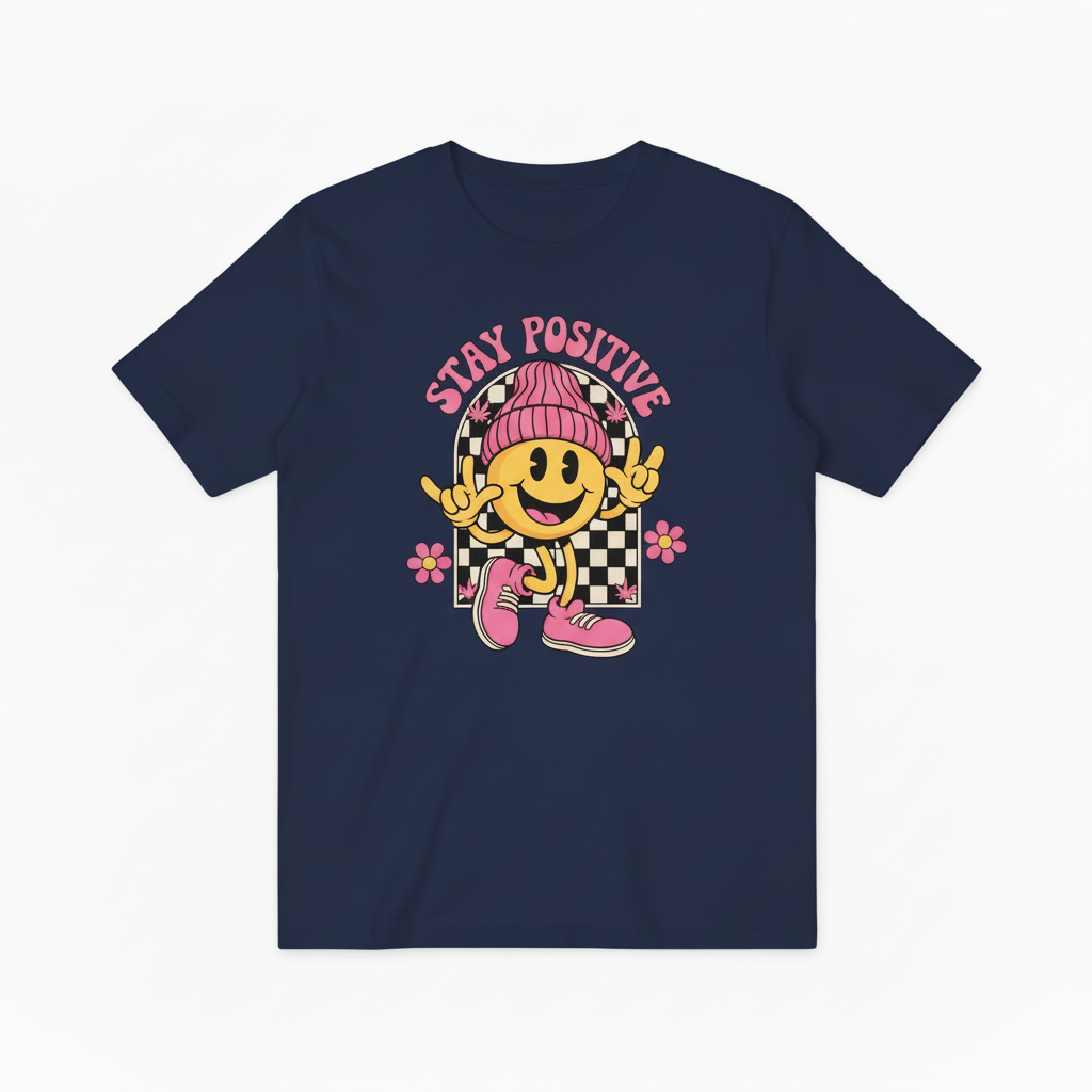 Groovy Stay Positive Smiley Tee – Retro 70s Vibes for Good Vibes Only T4018