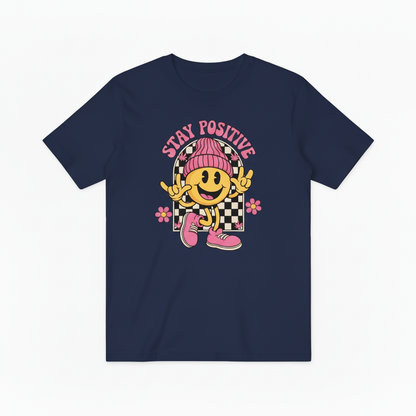 Groovy Stay Positive Smiley Tee – Retro 70s Vibes for Good Vibes Only T4018