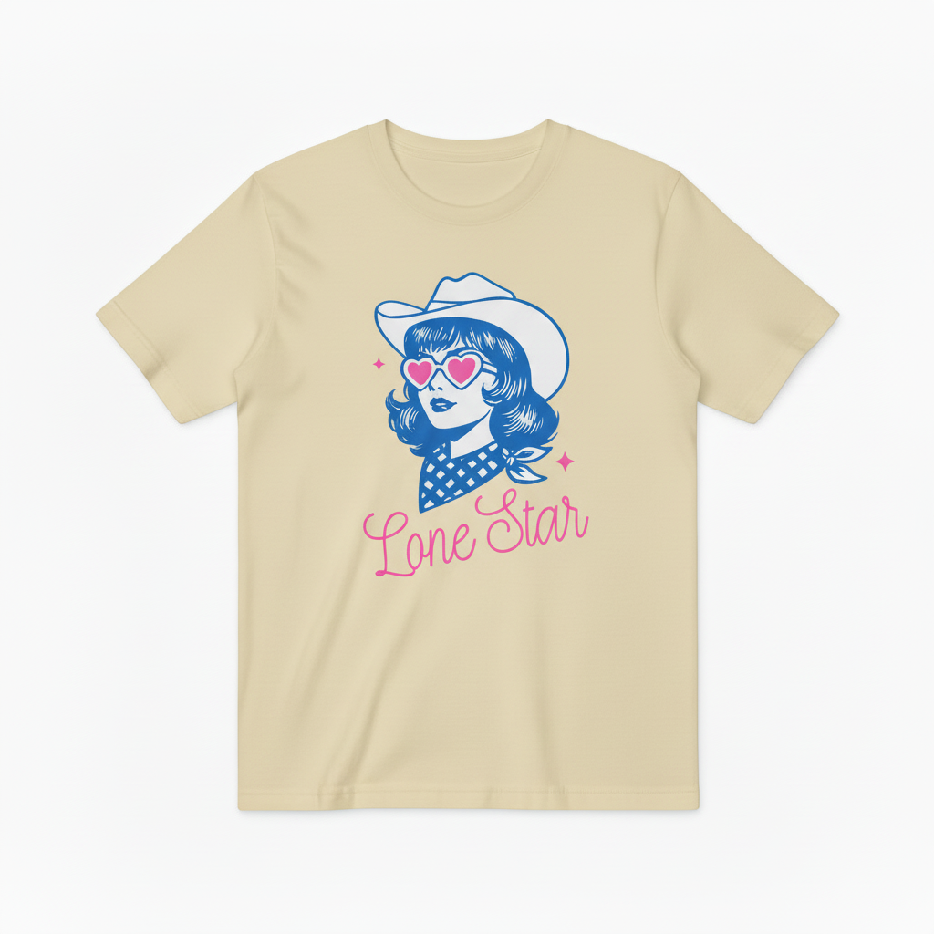 Retro Lone Star Cowgirl Graphic T-Shirt, Texas Cowgirl with Heart Sunglasses Tee T4013