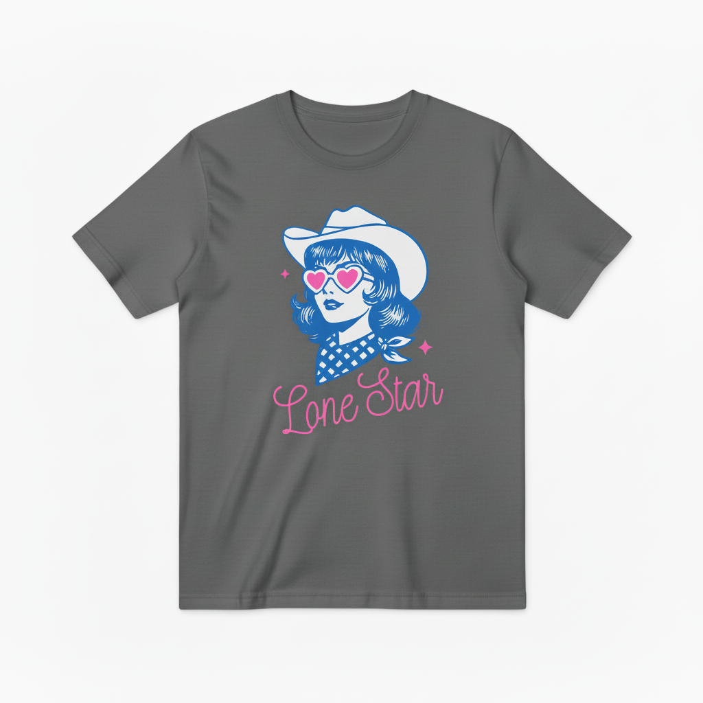 Retro Lone Star Cowgirl Graphic T-Shirt, Texas Cowgirl with Heart Sunglasses Tee T4013