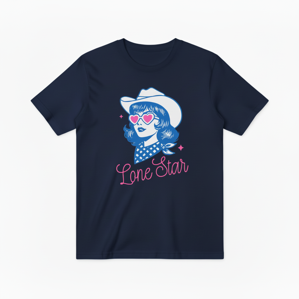 Retro Lone Star Cowgirl Graphic T-Shirt, Texas Cowgirl with Heart Sunglasses Tee T4013