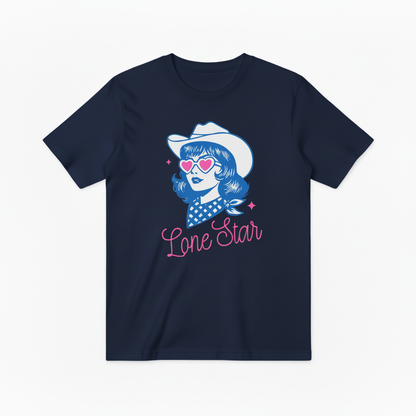 Retro Lone Star Cowgirl Graphic T-Shirt, Texas Cowgirl with Heart Sunglasses Tee T4013