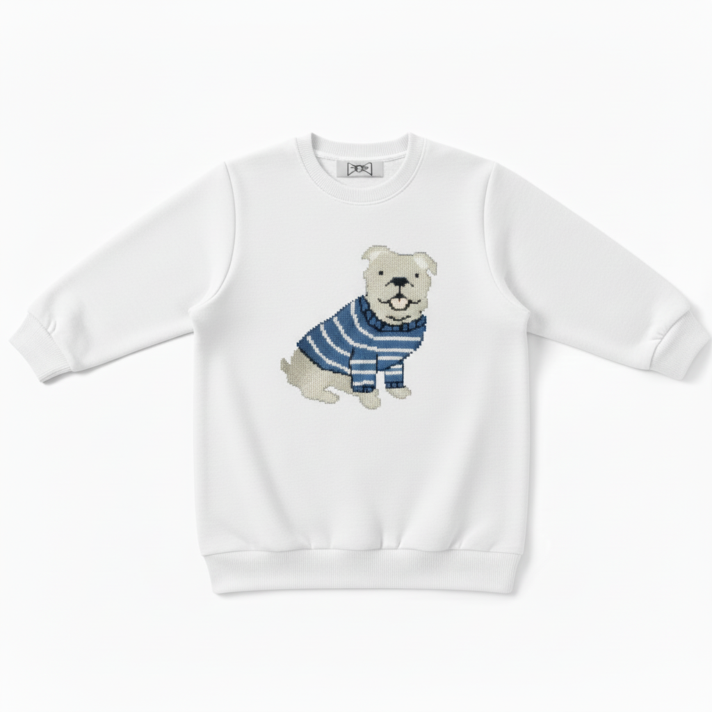 Smiling Bulldog Blue Striped Sweater Dog Lover Crewneck C1064