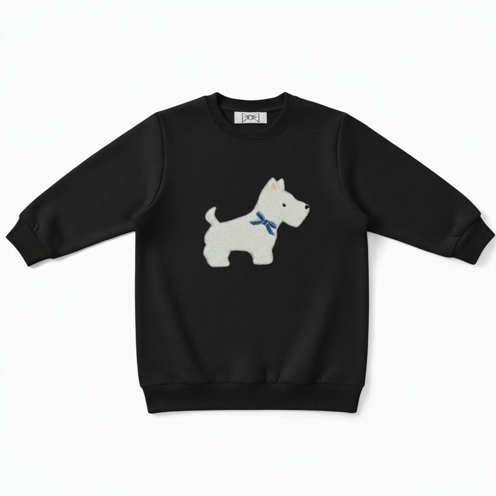 White Scottie Dog Blue Bow Crewneck C1073