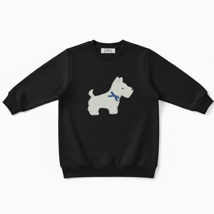 White Scottie Dog Blue Bow Crewneck C1073