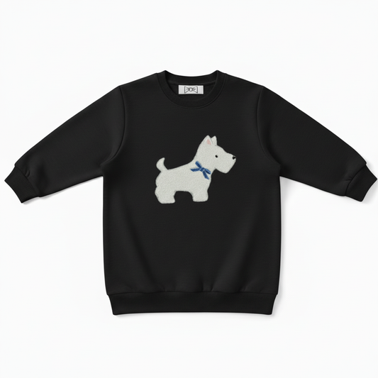 White Scottie Dog Blue Bow Crewneck C1073